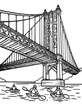 Bridge and Kayaks - Free printable coloring page
