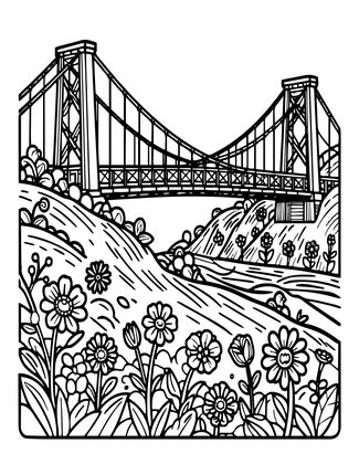 Bridge and Flowers - Free printable coloring page