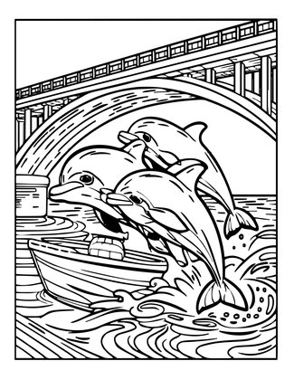 Bridge and Dolphins - Free printable coloring page