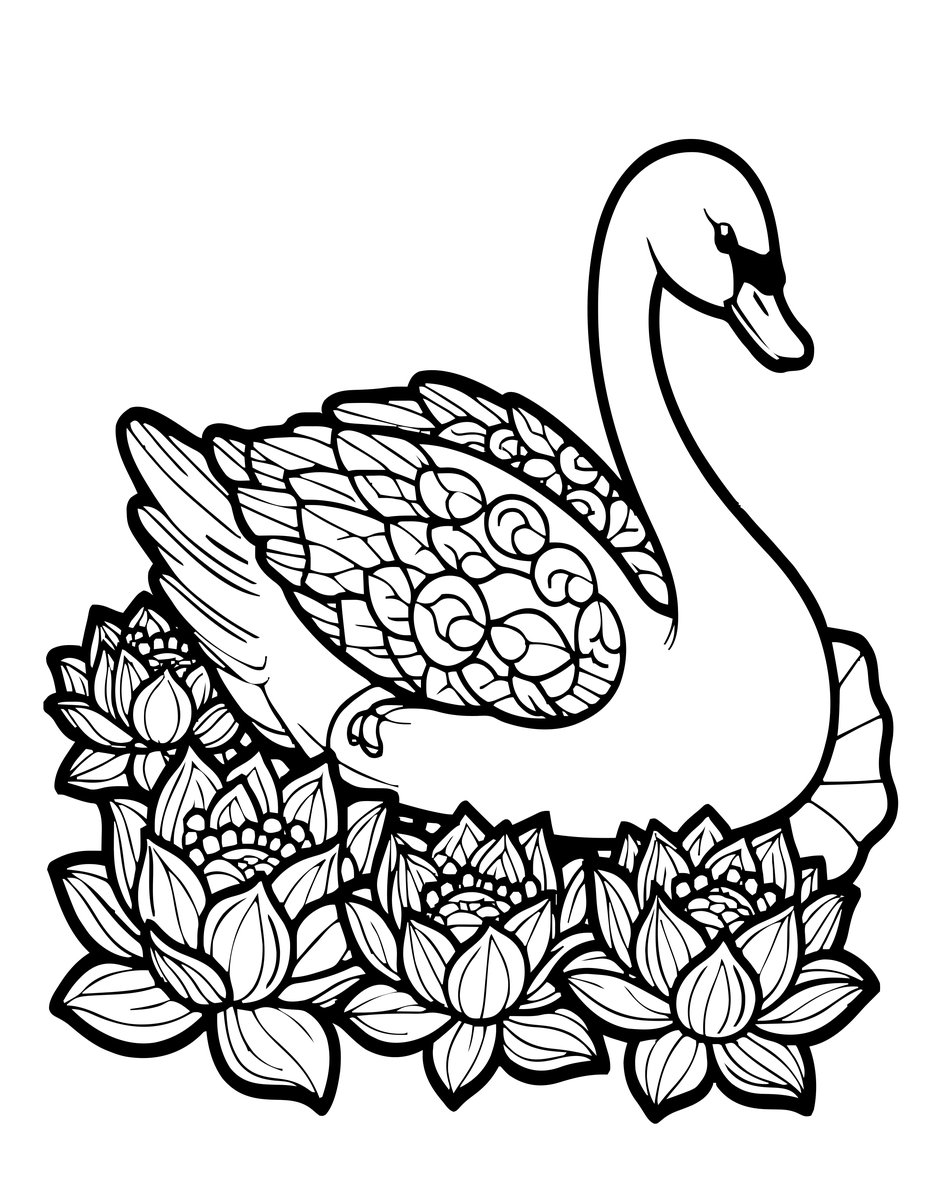 Swan and Lotus - free printable coloring page