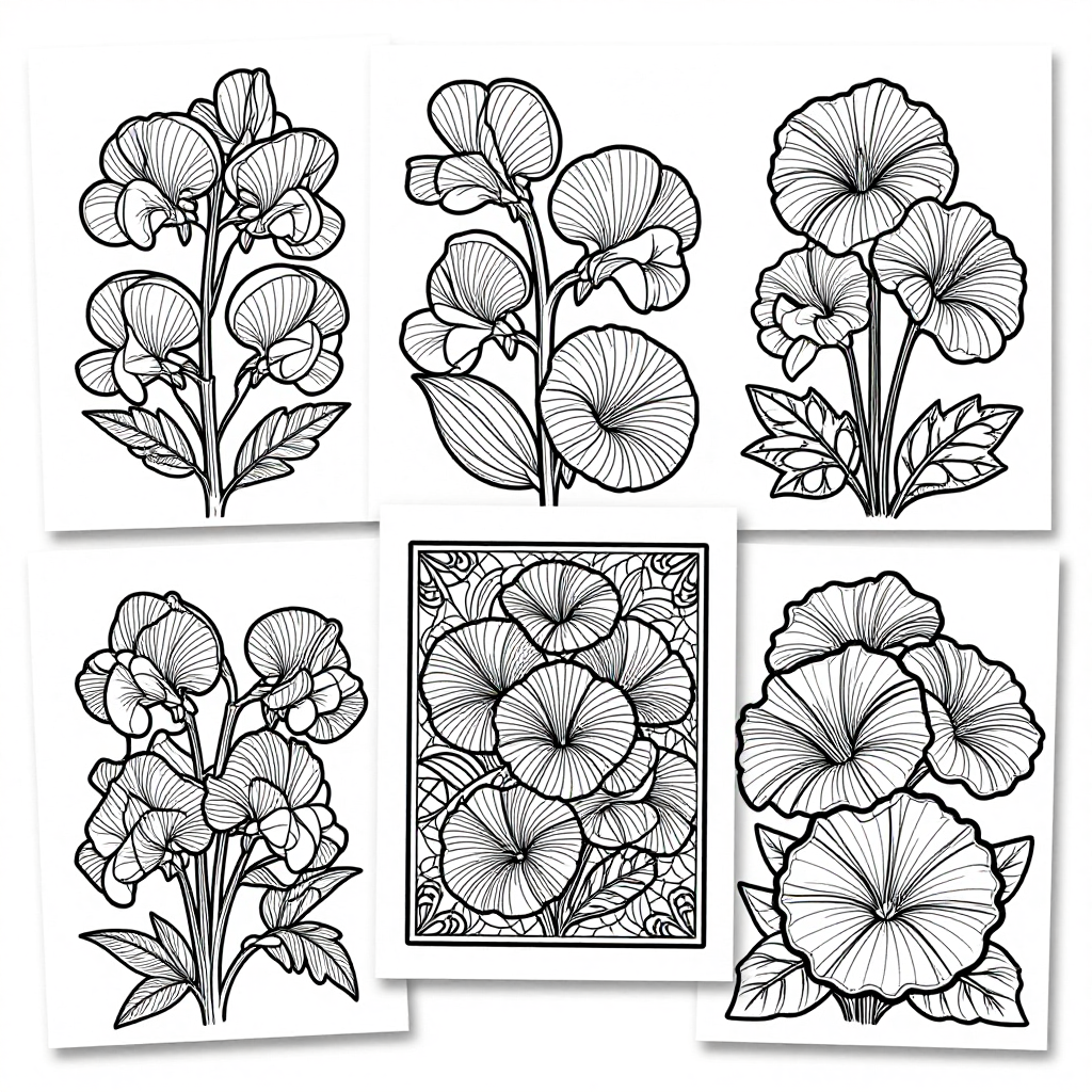 Sweet Peas Morning Glories coloring pages collection - 30 free printable pages