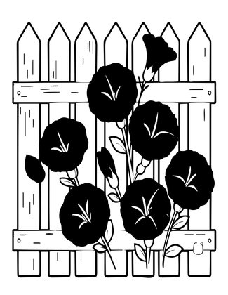 Morning Glory Fence - Free printable coloring page
