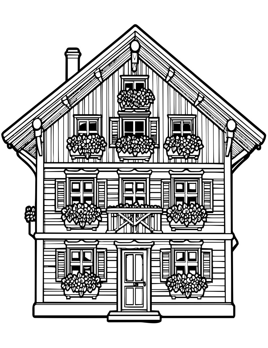 Classic Alpine Chalet - free printable coloring page