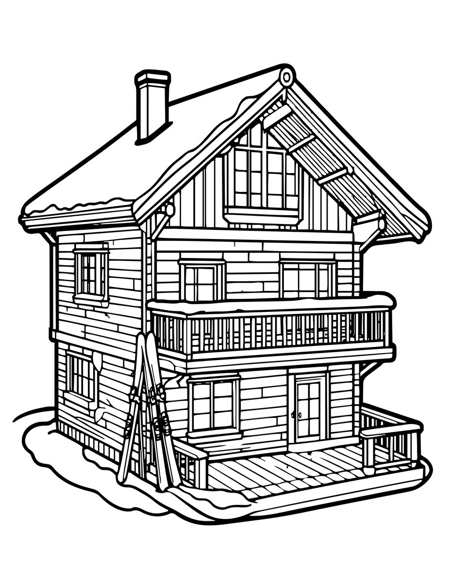 Ski Chalet - free printable coloring page
