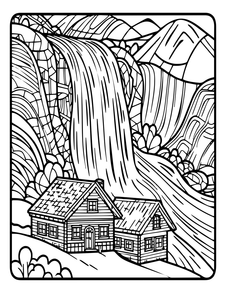 Chalet and Waterfall - free printable coloring page