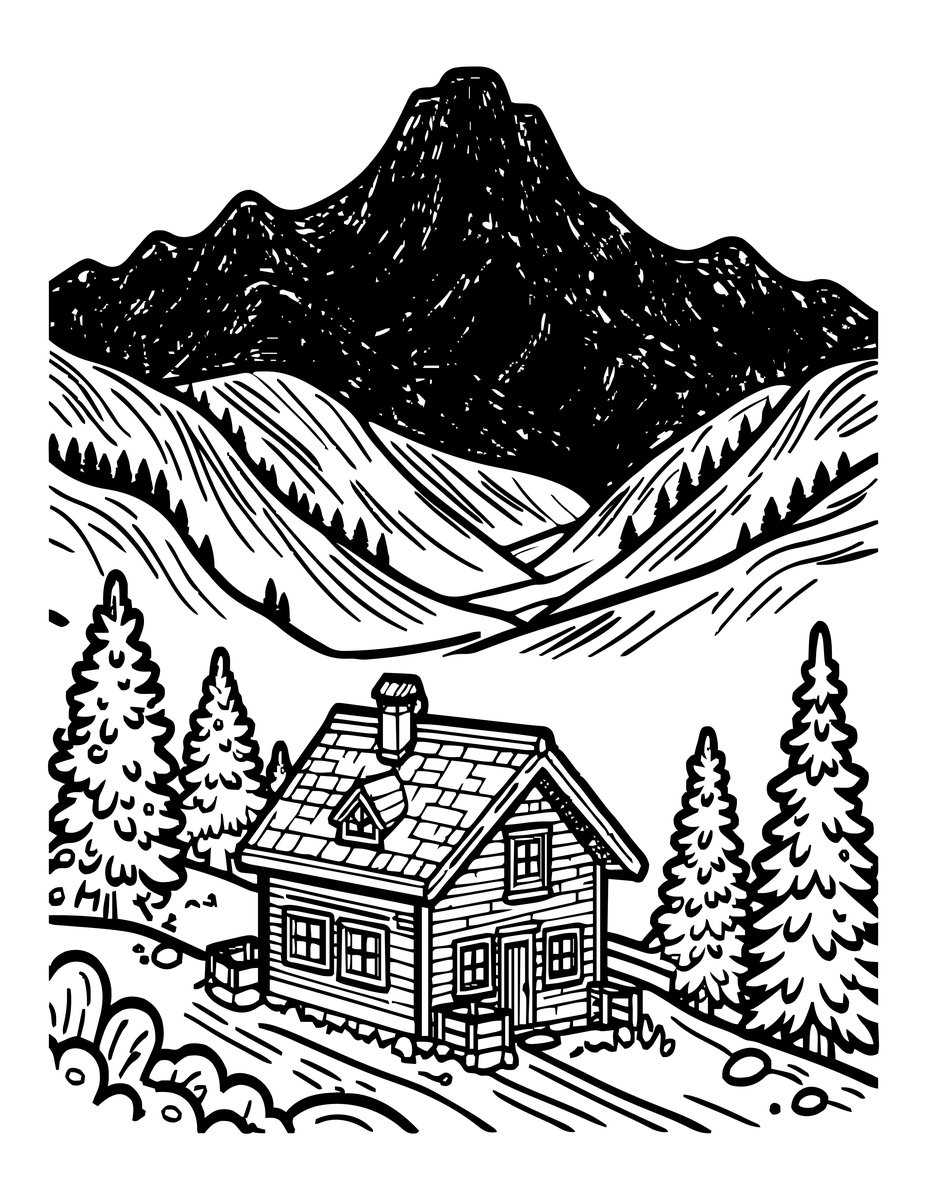 Chalet at Sunrise - free printable coloring page