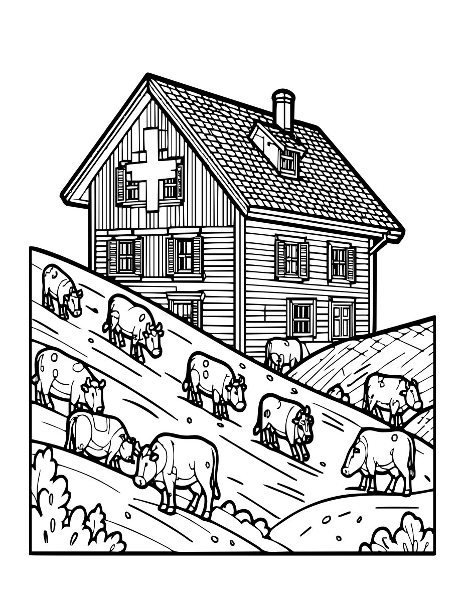 Chalet and Cows - free printable coloring page