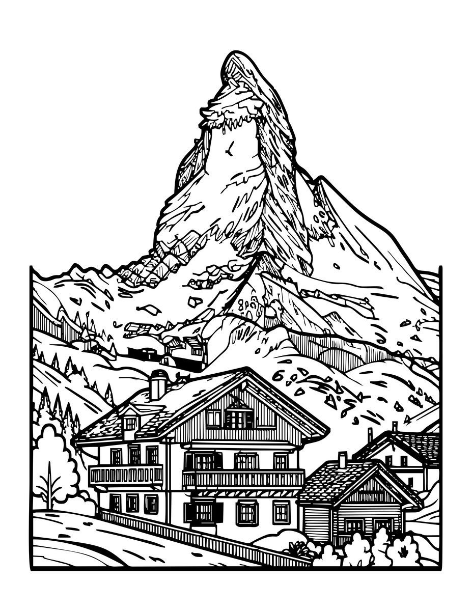 Chalet and Matterhorn - free printable coloring page