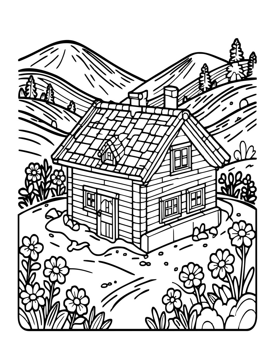 Chalet in Spring - free printable coloring page
