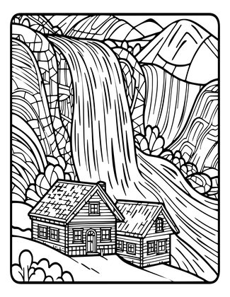 Chalet and Waterfall - Free printable coloring page
