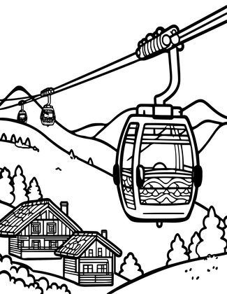 Chalet and Cable Car - Free printable coloring page