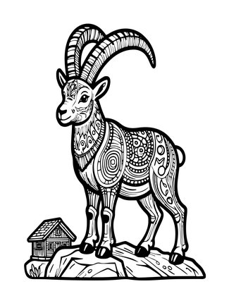 Chalet and Ibex - Free printable coloring page