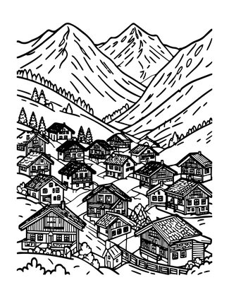 Village of Chalets - Free printable coloring page