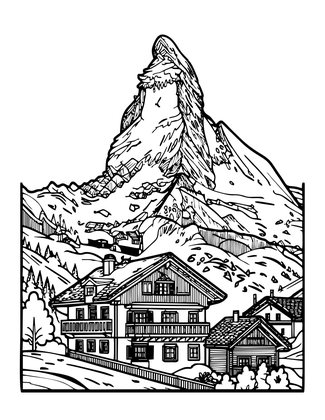 Chalet and Matterhorn - Free printable coloring page