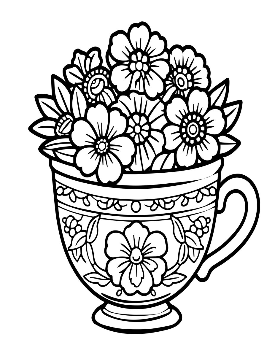 Floral Teacup - free printable coloring page