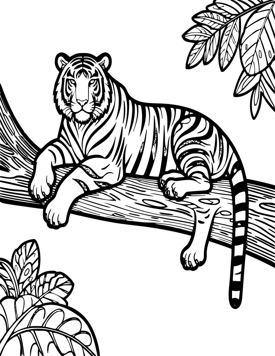 Tiger Resting in Tree - free printable coloring page