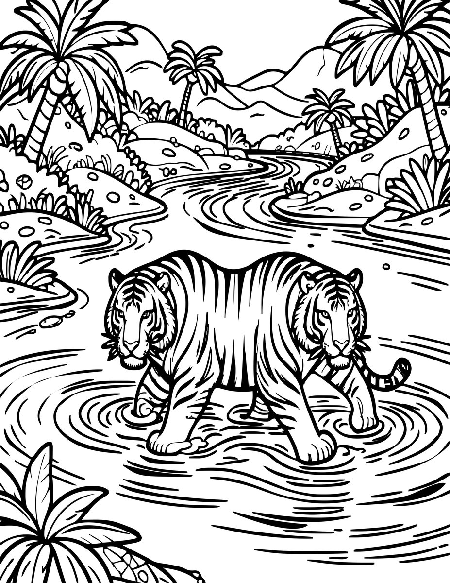 Tiger Swimming - free printable coloring page