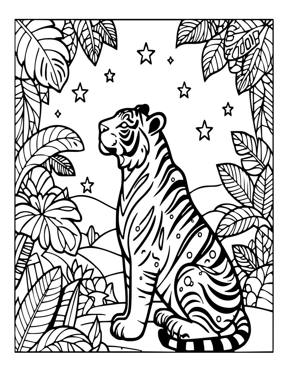 Tiger Under Stars - free printable coloring page