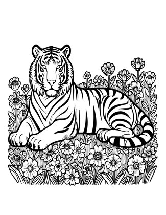 Tiger in Flowers - Free printable coloring page