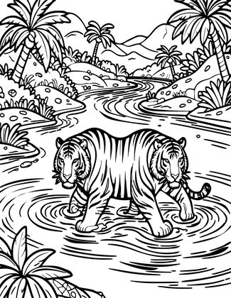 Tiger Swimming - Free printable coloring page