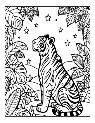 Tiger Under Stars - Free printable coloring page
