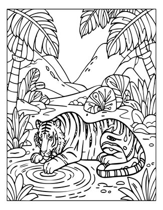 Tiger at Waterhole - Free printable coloring page