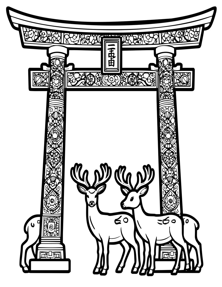 Torii and Deer - free printable coloring page