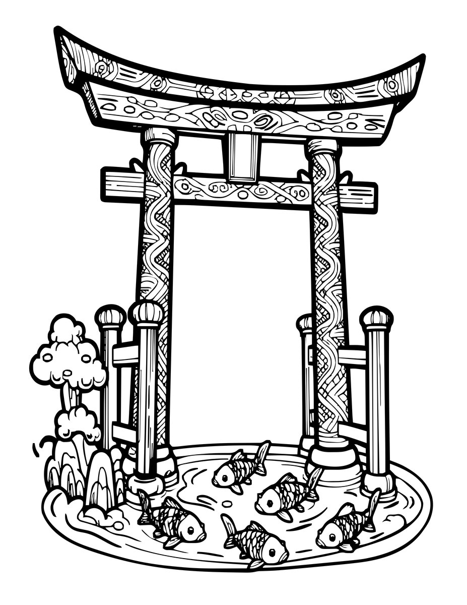 Torii and Koi - free printable coloring page