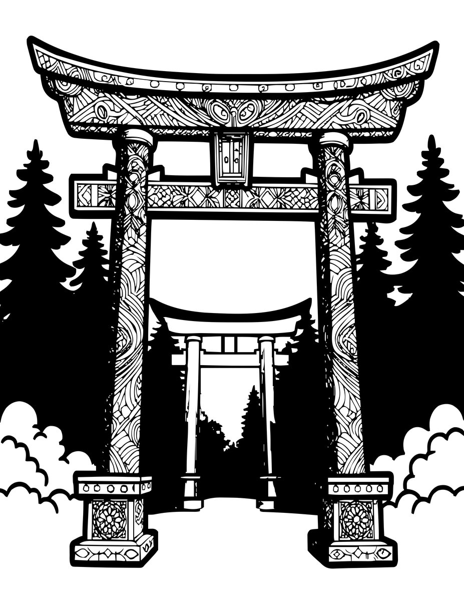 Torii in Fog - free printable coloring page