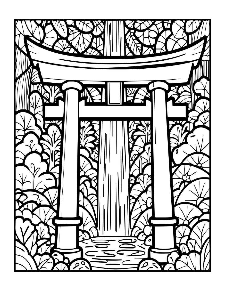Torii and Waterfall - free printable coloring page
