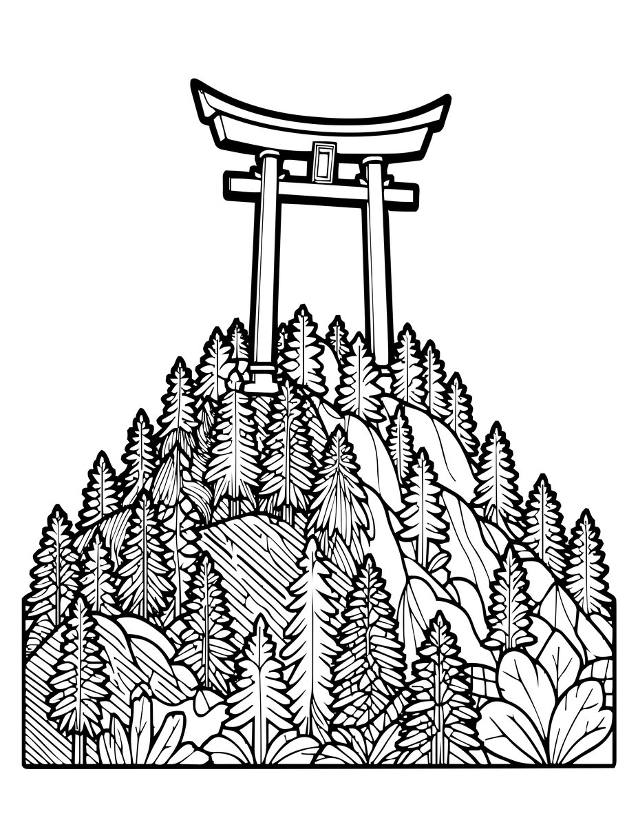 Torii on Mountain - free printable coloring page