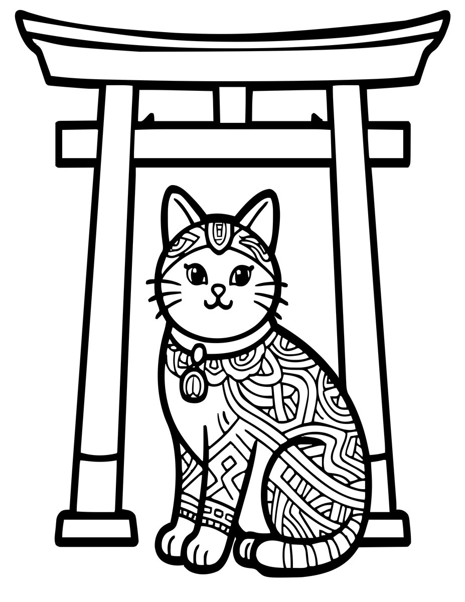 Torii and Temple Cat - free printable coloring page