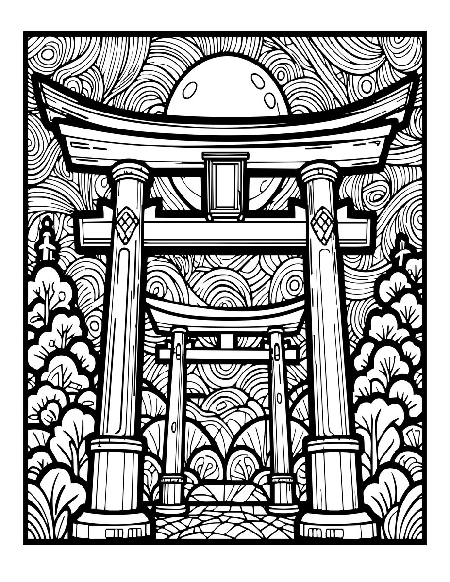 Torii Under Full Moon - free printable coloring page