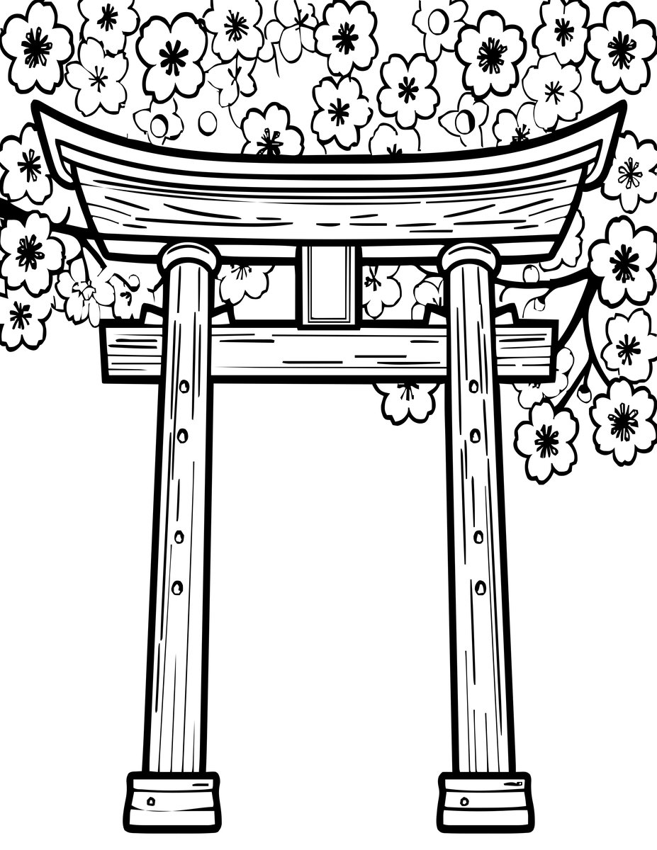 Torii and Cherry Blossoms - free printable coloring page