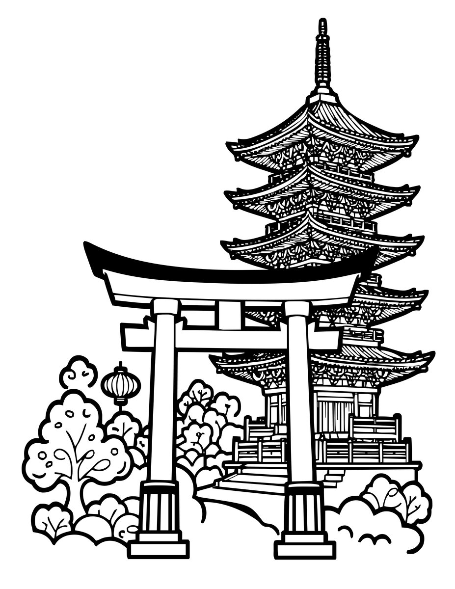 Torii and Pagoda - free printable coloring page