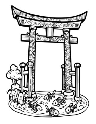 Torii and Koi - Free printable coloring page