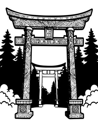 Torii in Fog - Free printable coloring page