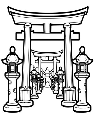 Torii and Lanterns - Free printable coloring page