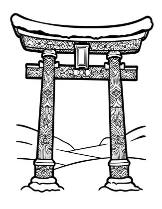 Torii in Winter Sunset - Free printable coloring page