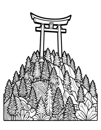 Torii on Mountain - Free printable coloring page