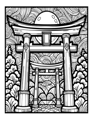 Torii Under Full Moon - Free printable coloring page