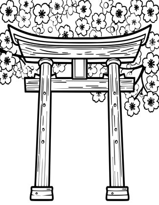 Torii and Cherry Blossoms - Free printable coloring page