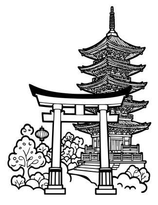 Torii and Pagoda - Free printable coloring page