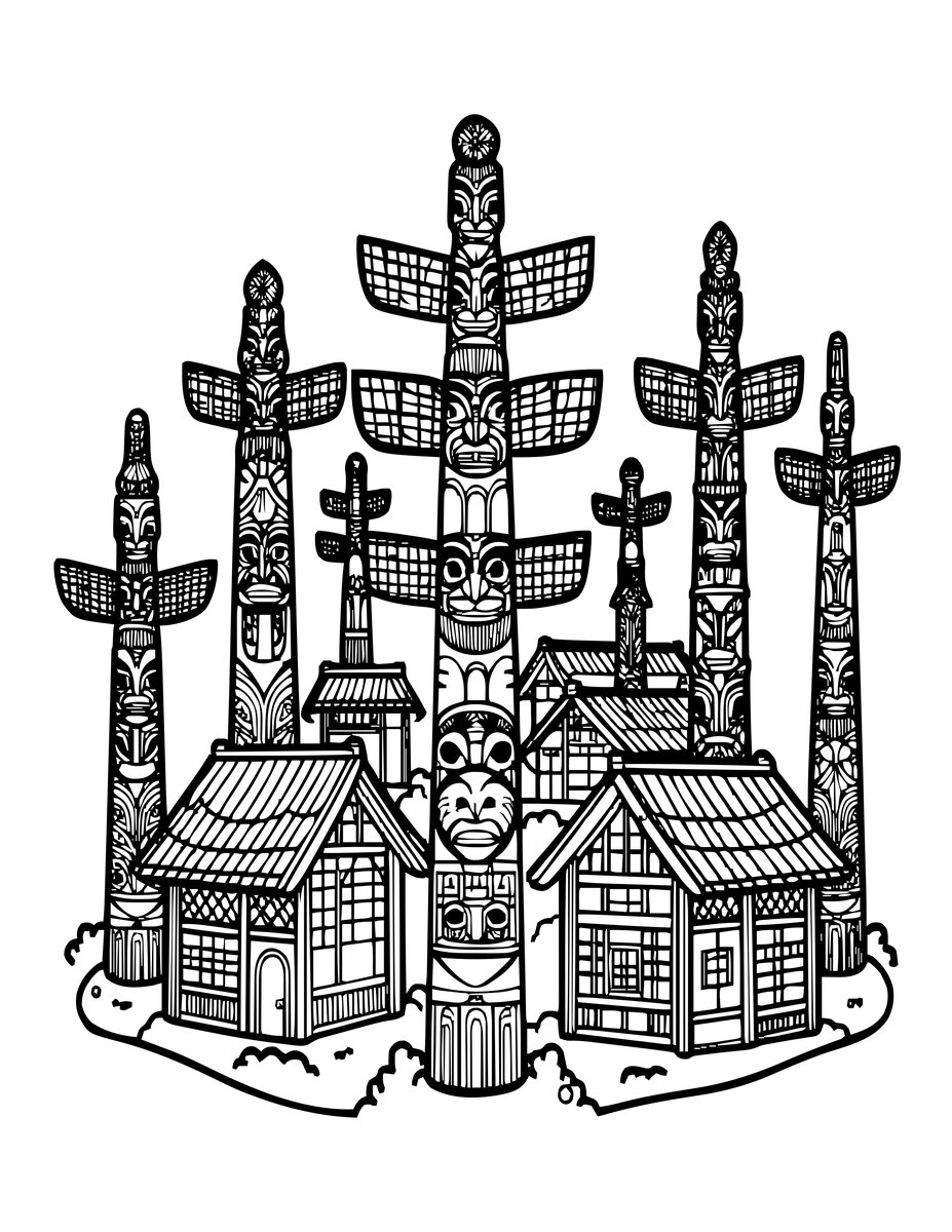 Totem and Village - free printable coloring page