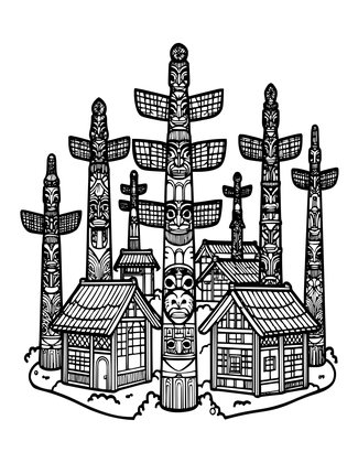 Totem and Village - Free printable coloring page