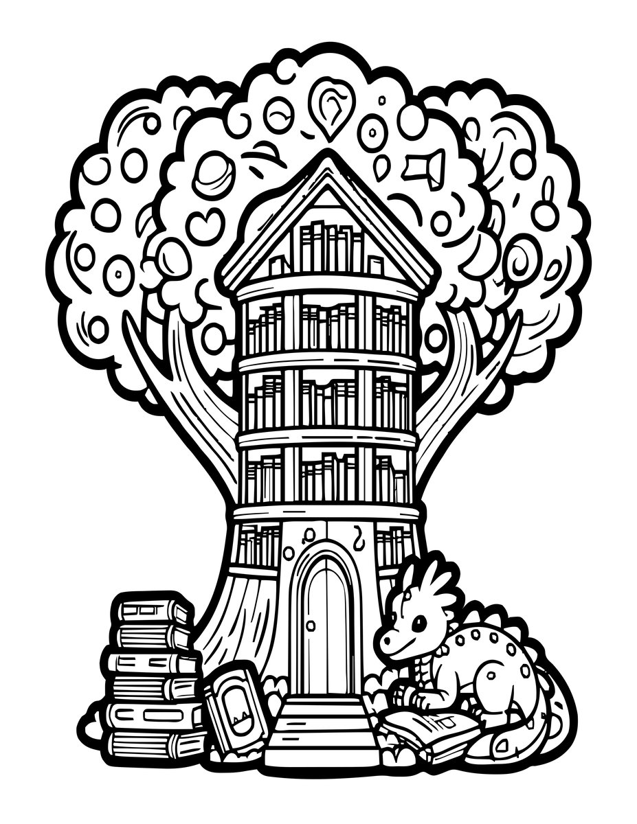 Dragon Library - free printable coloring page