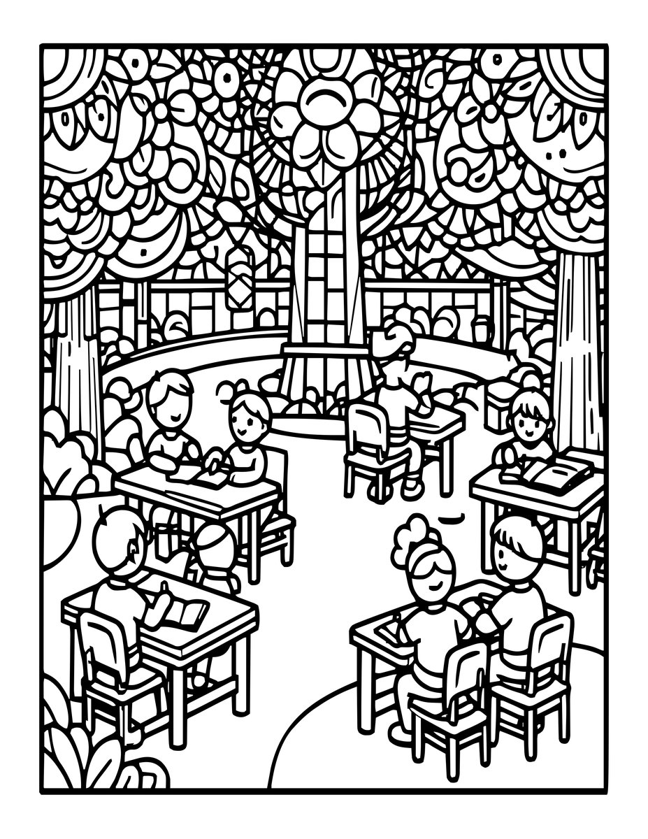 School in Trees - free printable coloring page