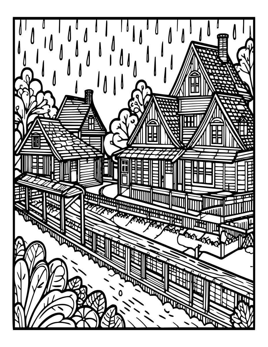 Rain in Village - free printable coloring page