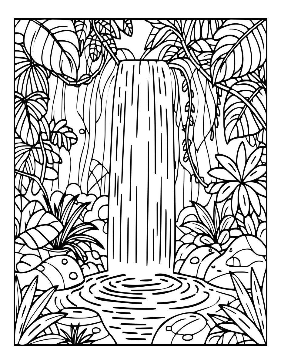 Tropical Waterfall - free printable coloring page
