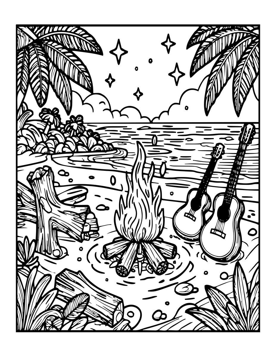 Beach Campfire - free printable coloring page